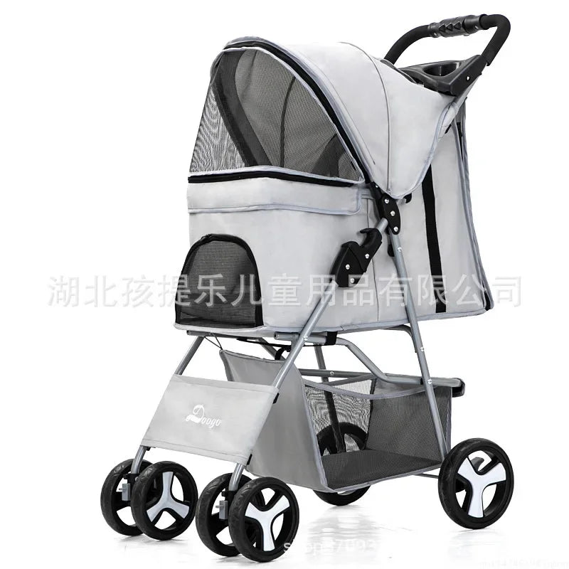 DTC-804 Portable Foldable Pet Cart Cat Dog Four Wheeled Cart Pet Outing Cart Single Handed Delivery with Sunroof