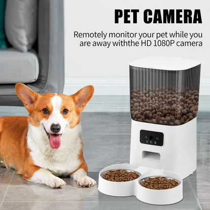 Automatic Pet Feeder with Camera for 2 Pets, 1080P Camera 5L Cat Feeder with 2 Stainless Steel Bowls, Two Way Talk, Remote APP Control Support 2.4G Wifi